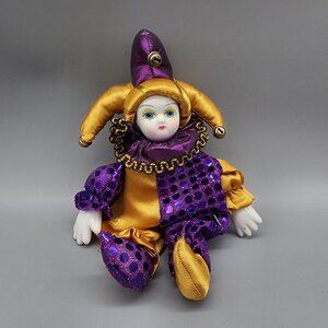 Vintage Porcelain Clown Doll Jester Mardi Gras Harlequin 8" Purple Gold